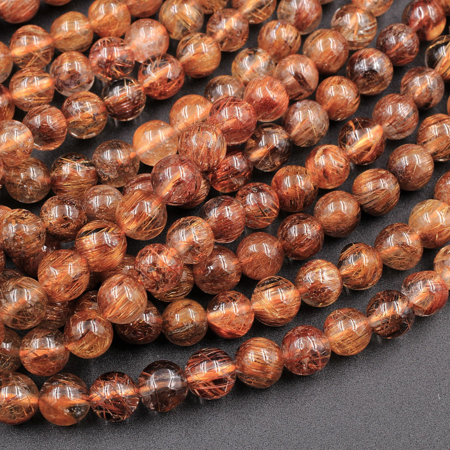 Natural Golden Red Rutile Quartz Round Beads 5mm 6mm 16" Strand