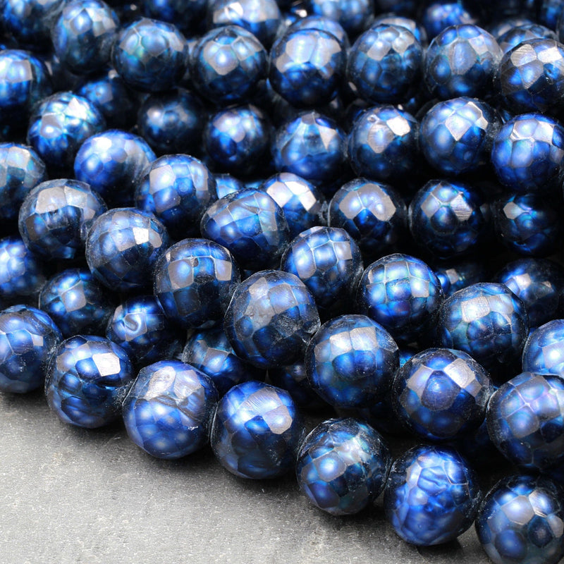 Faceted Genuine Freshwater Pearl Mystic Royal Blue Pearl 10mm Round Shimmery Iridescent Beads 16" Strand