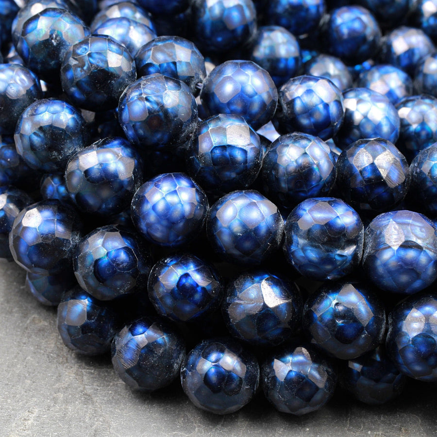 Faceted Genuine Freshwater Pearl Mystic Royal Blue Pearl 10mm Round Shimmery Iridescent Beads 16" Strand
