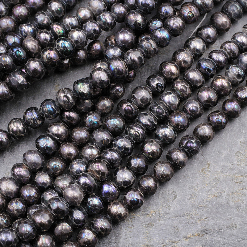 Faceted Rondelle Pearls Copper Gray Freshwater Pearl 6mm Round Shimmery Iridescent Beads 16" Strand