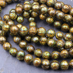 Large Faceted Genuine Freshwater Pearl Mystic Golden Green Pearl 10mm Round Shimmery Iridescent Beads 16" Strand