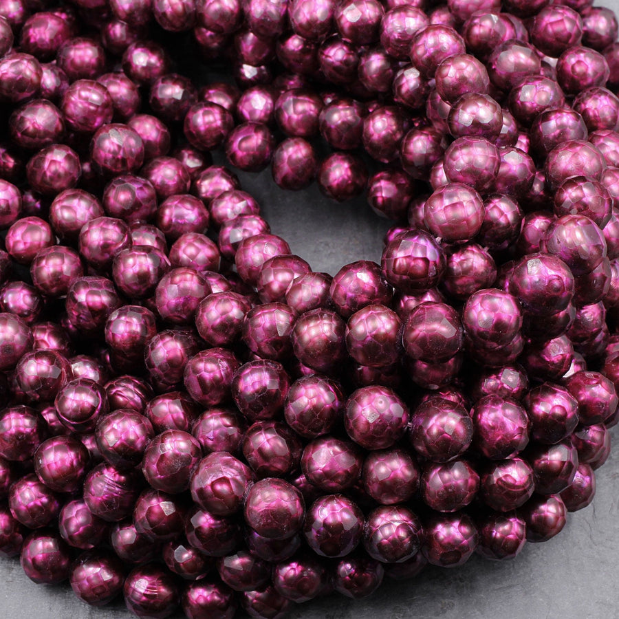 Faceted Genuine Freshwater Pearl Fuchsia Wine Pearl 10mm Round Shimmery Iridescent Beads 16" Strand