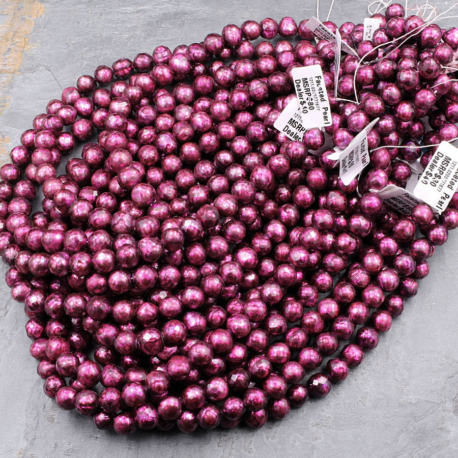 Faceted Genuine Freshwater Pearl Fuchsia Wine Pearl 10mm Round Shimmery Iridescent Beads 16" Strand