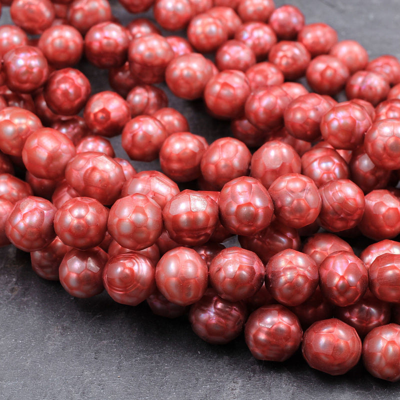 Faceted Genuine Freshwater Pearl Strawberry Red Pearl 8mm Round Shimmery Iridescent Beads 16" Strand
