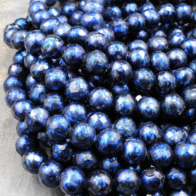 Faceted Genuine Freshwater Pearl Mystic Midnight Blue Pearl 10mm Round Shimmery Iridescent Beads 16" Strand