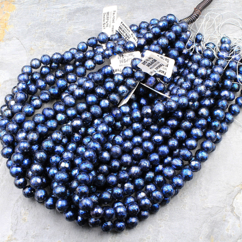 Faceted Genuine Freshwater Pearl Mystic Midnight Blue Pearl 10mm Round Shimmery Iridescent Beads 16" Strand