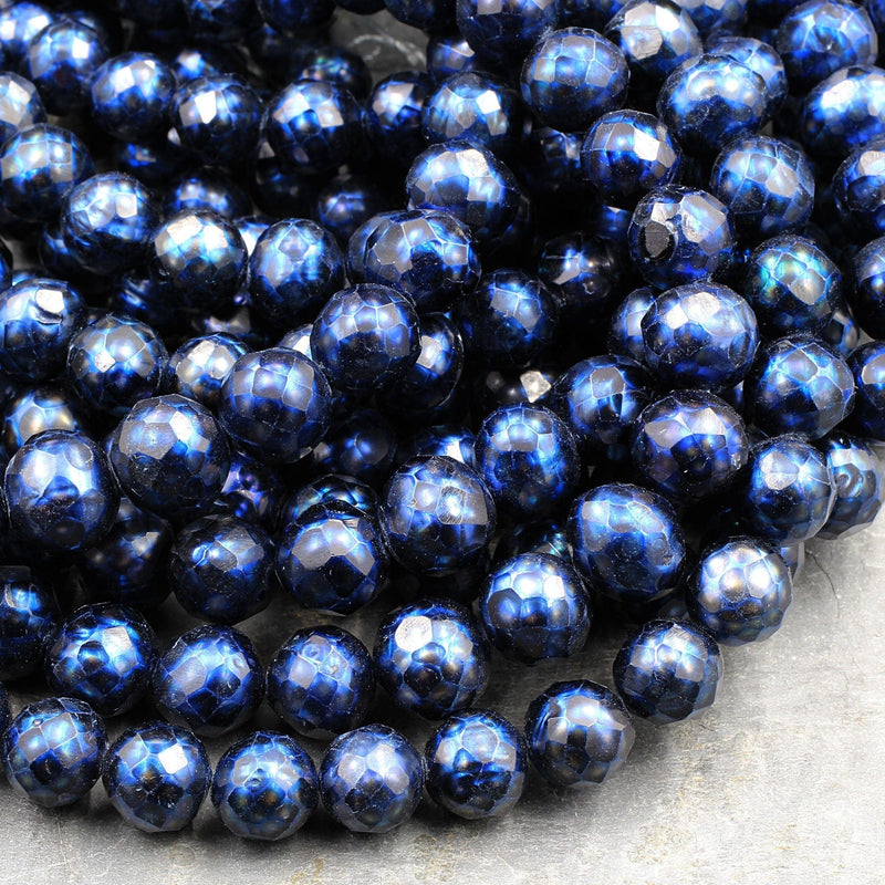 Faceted Genuine Freshwater Pearl Mystic Midnight Blue Pearl 10mm Round Shimmery Iridescent Beads 16" Strand