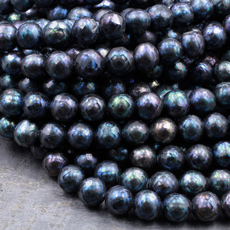 Faceted Genuine Freshwater Pearl Mystic Peacock Blue Pearl 8mm 10mm Round Shimmery Iridescent Beads 16" Strand
