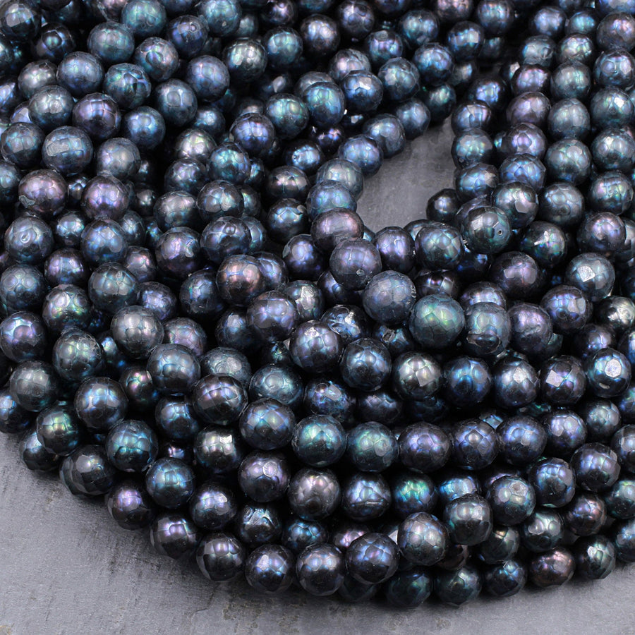 Faceted Genuine Freshwater Pearl Mystic Peacock Blue Pearl 8mm 10mm Round Shimmery Iridescent Beads 16" Strand