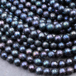 Faceted Genuine Freshwater Pearl Mystic Peacock Blue Pearl 8mm 10mm Round Shimmery Iridescent Beads 16" Strand