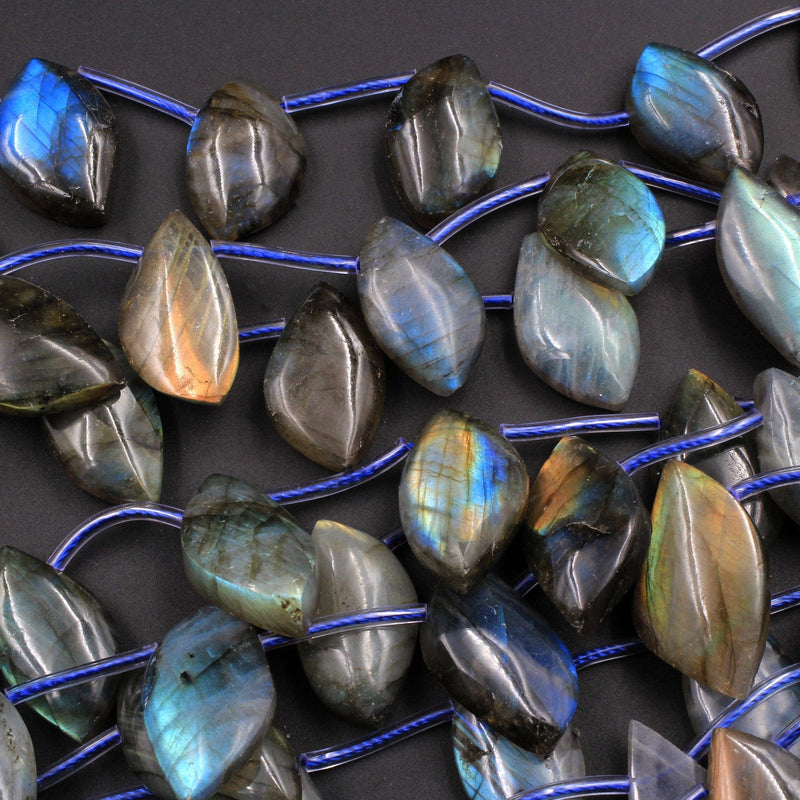 Natural Labradorite Beads Freeform Leaf Shape Side Drilled Pendant Focal Tones of Blue Green Gold Flashes 16" Strand