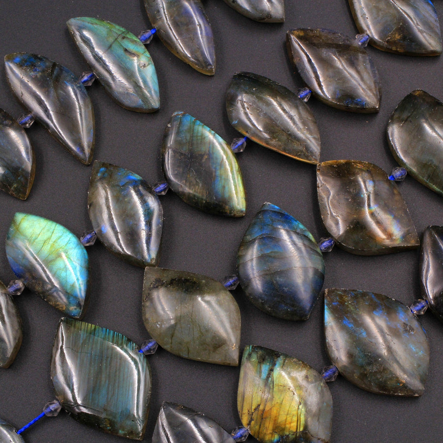 Large Center Drilled Labradorite Beads Freeform Slice Pendants Style Tones of Blue Green Gold Flashes 16" Strand