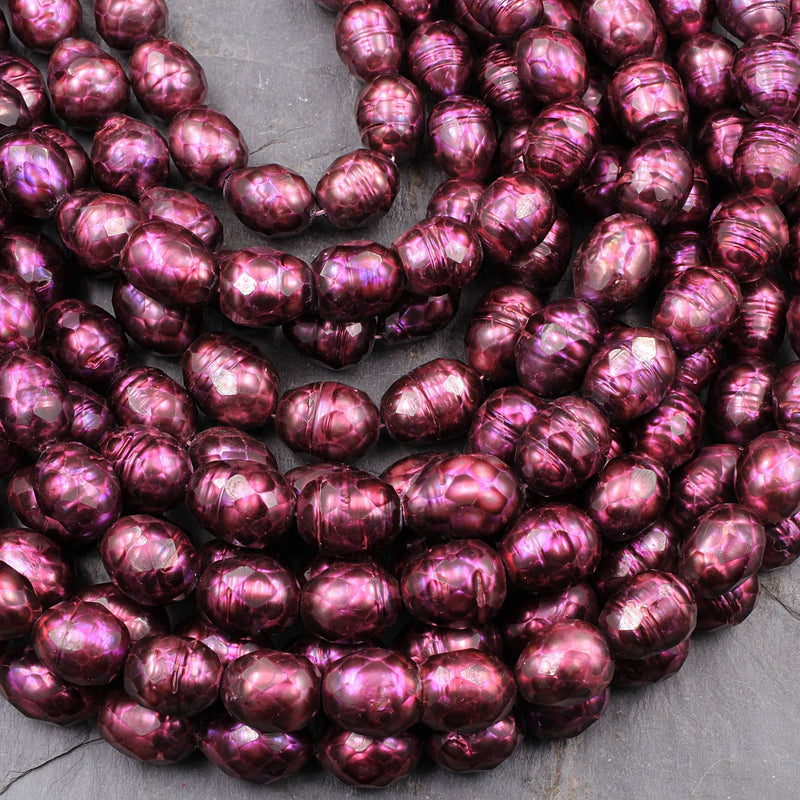 Large Faceted Genuine Freshwater Pearl Purple Wine Red Pearl Oval Shimmery Iridescent Beads 16" Strand