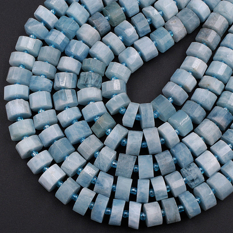 Natural Blue Aquamarine Faceted Rondelle Beads 10mm Wheel Diamond Cut with Sharp Facets 16" Strand