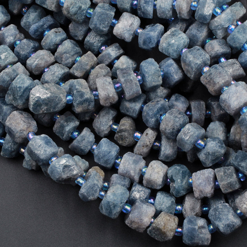 Rough Raw Natural Blue Sapphire Nugget Beads Freeform Center Drilled Semi Rondelle Shape 16" Strand