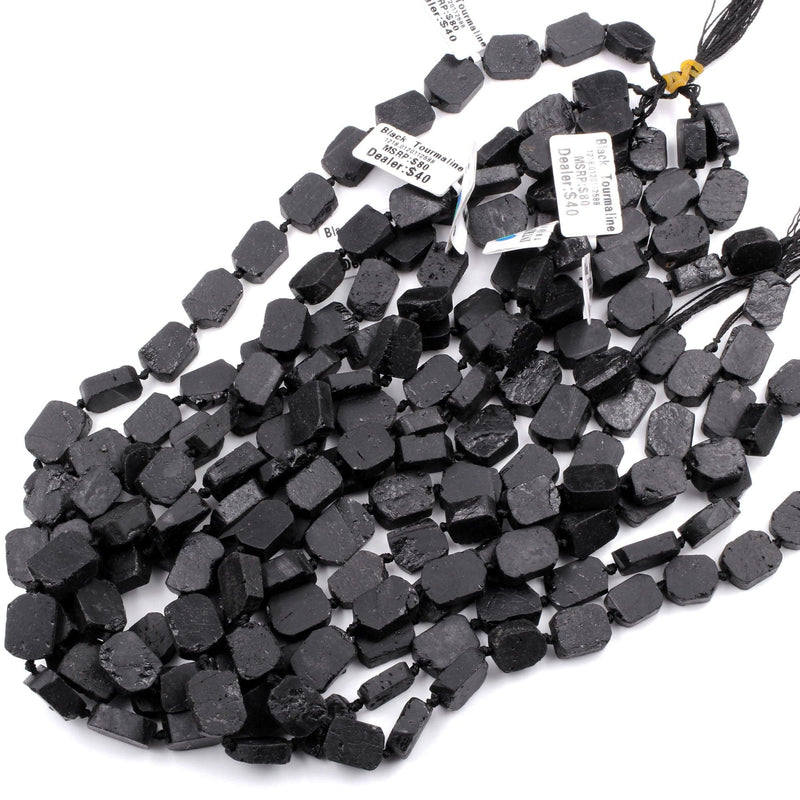 Black Tourmaline Beads chiseled Rectangle Flat Nugget Real Genuine Black Tourmaline Crystal Gemstones 16" Strand