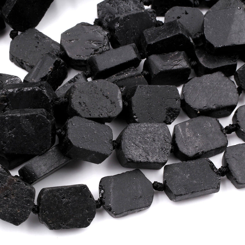 Black Tourmaline Beads chiseled Rectangle Flat Nugget Real Genuine Black Tourmaline Crystal Gemstones 16" Strand