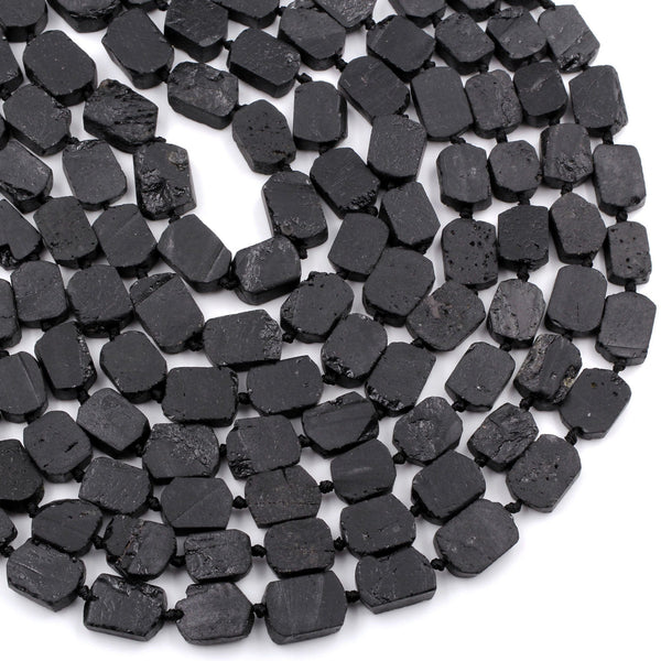 Black Tourmaline Beads chiseled Rectangle Flat Nugget Real Genuine Black Tourmaline Crystal Gemstones 16" Strand