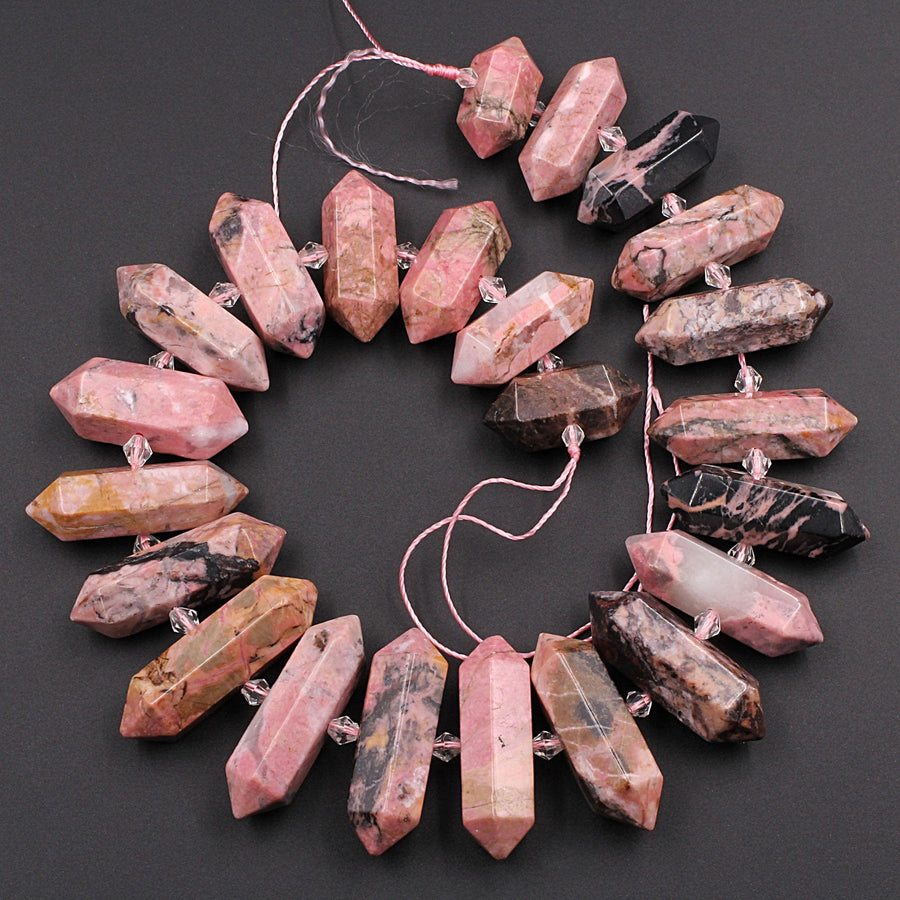 Natural Pink Red Rhodonite Beads Faceted Double Terminated Point Bullet Center Drilled Pendant Bead 16" Strand