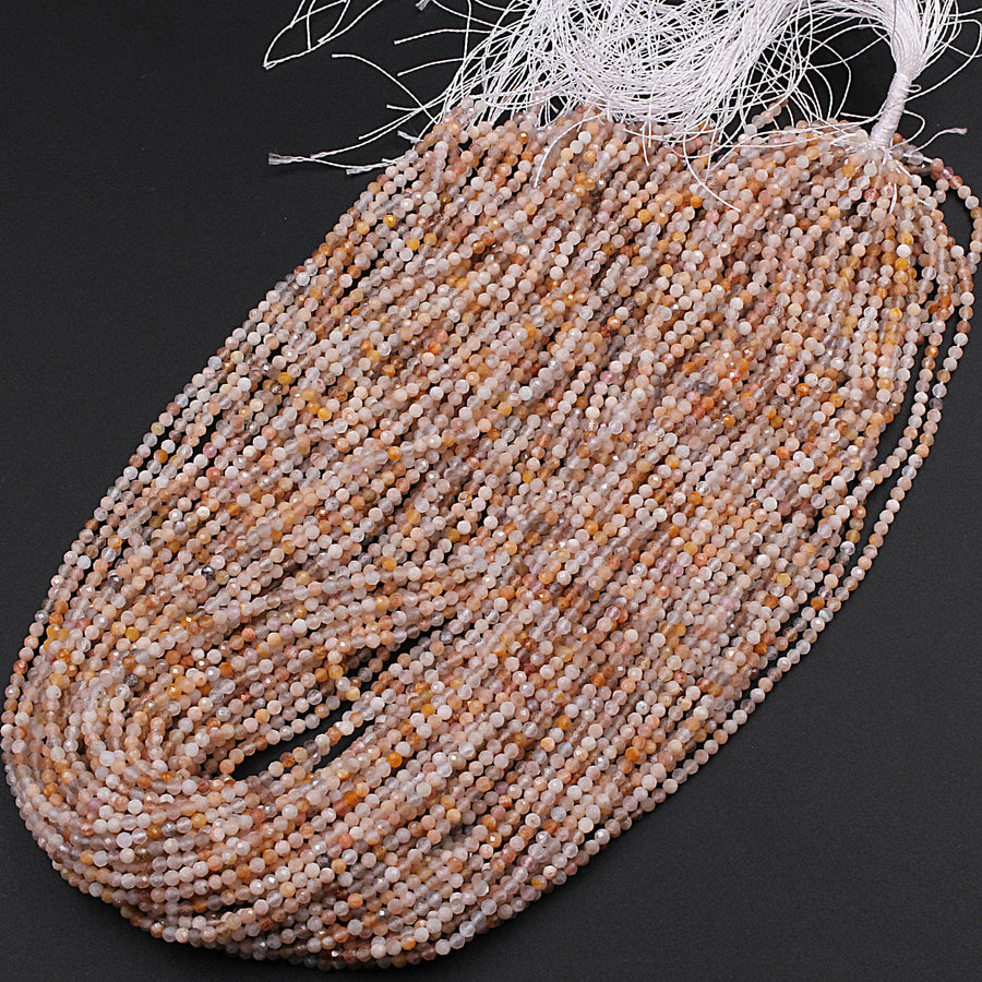 Micro Faceted Natural Multicolor Peach Gray Moonstone Round Beads 2mm 3mm 16" Strand