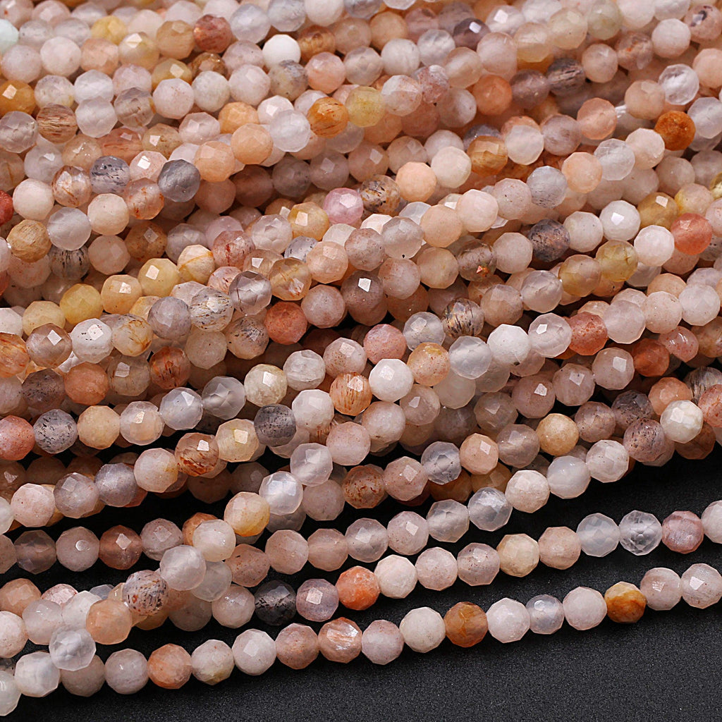 Micro Faceted Natural Multicolor Peach Gray Moonstone Round Beads 2mm 3mm 16" Strand