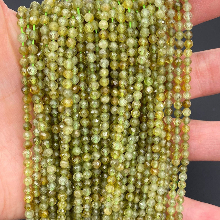 AAA Micro Faceted 3mm Natural Green Garnet Round Beads Sparkling Laser Diamond Cut Gemstone 16" Strand