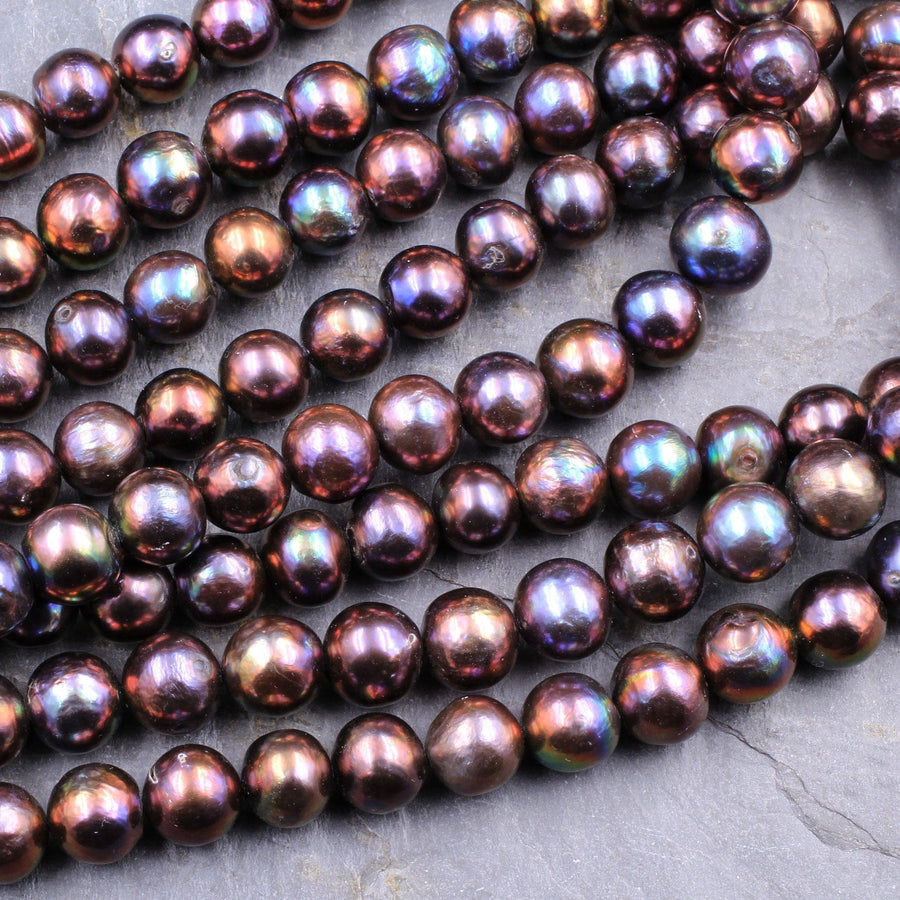 Large Black Pearls 9mm 10mm Round Extra Brilliant Golden Copper Purple Blue Peacock Iridescence Real Genuine Freshwater Pearl 16" Strand