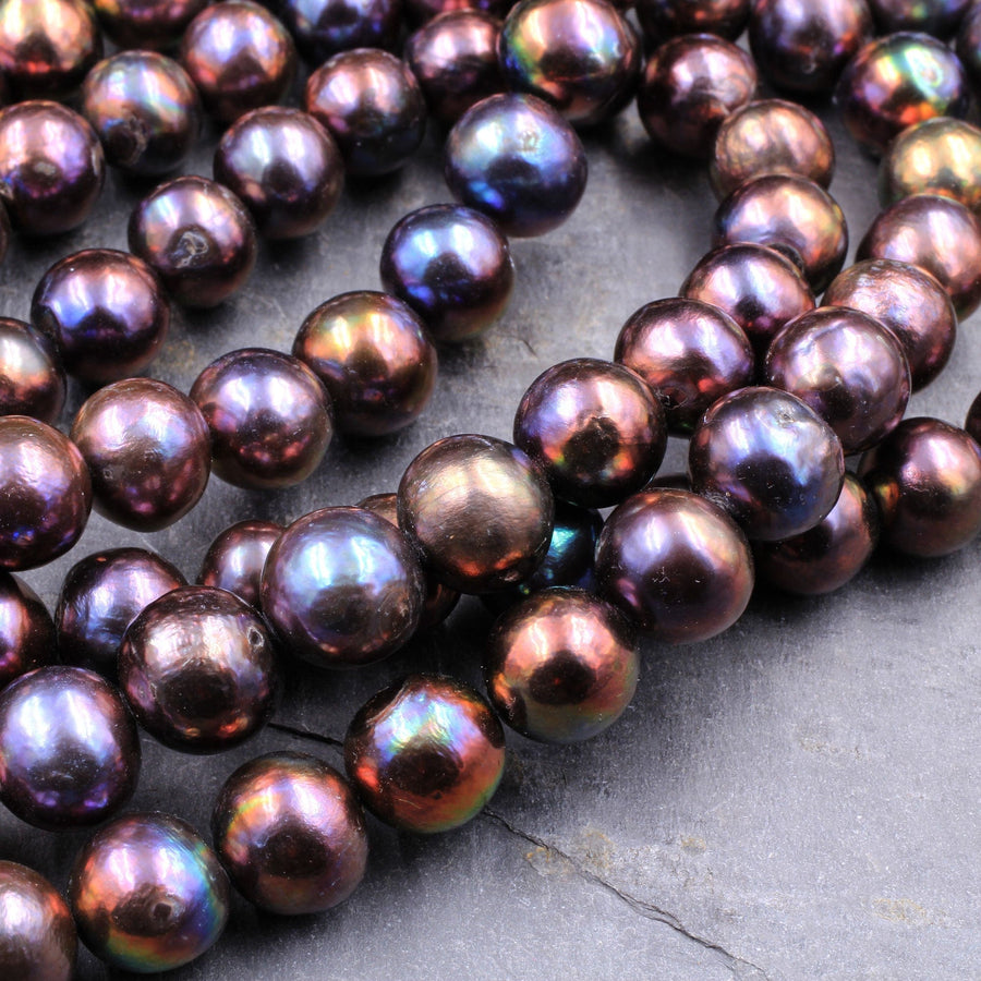 Large Black Pearls 9mm 10mm Round Extra Brilliant Golden Copper Purple Blue Peacock Iridescence Real Genuine Freshwater Pearl 16" Strand
