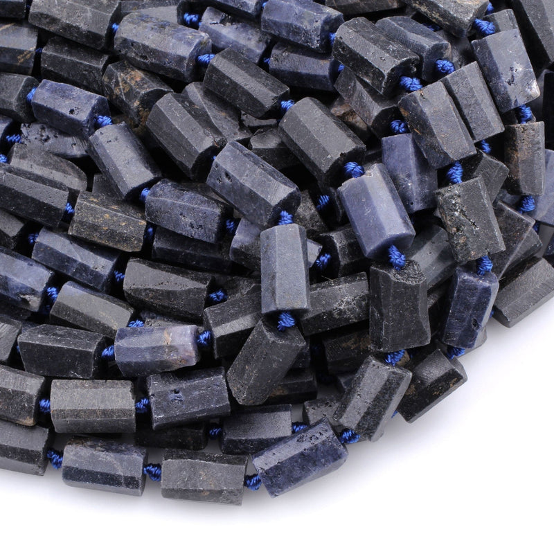 Raw Natural Blue Sapphire Faceted Rectangle Tube Matte Beads Genuine Blue Sapphire Gemstone 15.5" Strand