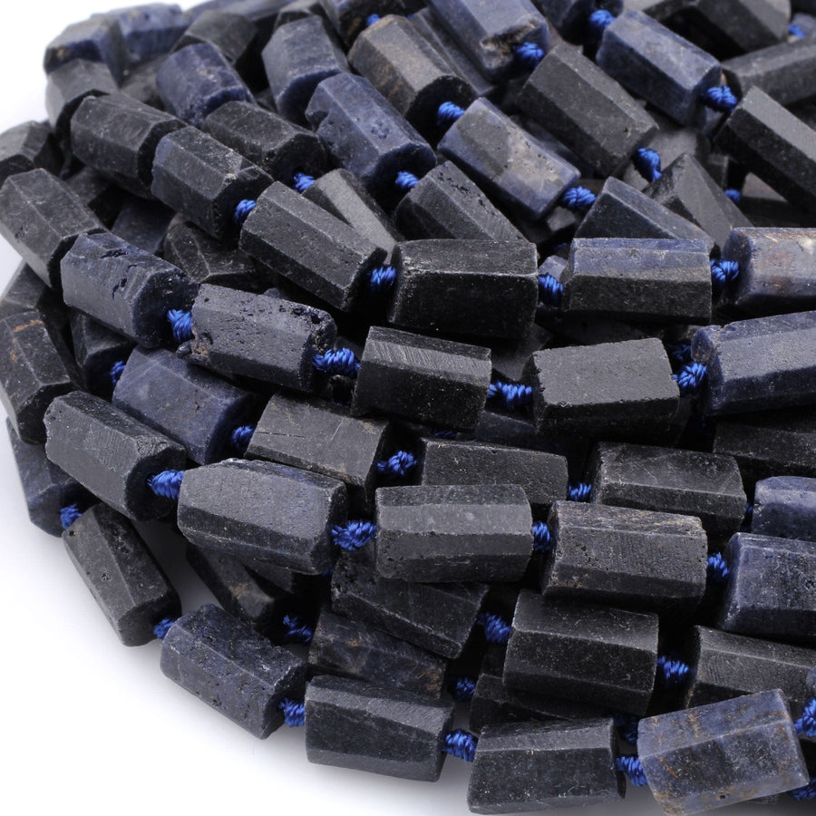 Raw Natural Blue Sapphire Faceted Rectangle Tube Matte Beads Genuine Blue Sapphire Gemstone 15.5" Strand
