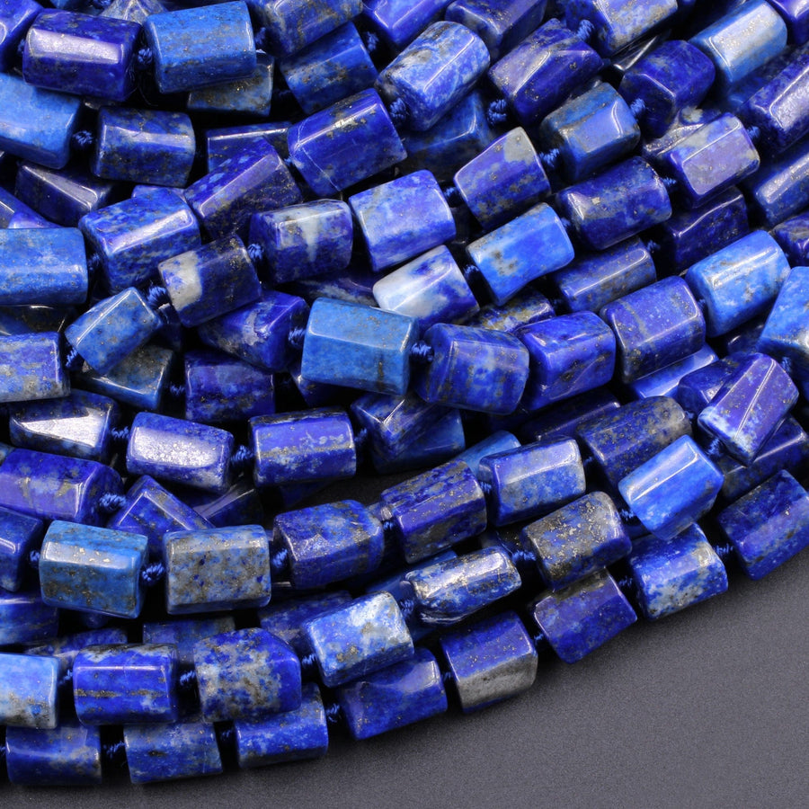 Faceted Natural Blue Lapis Tube Rectangle Cylinder Beads  Gold Pyrite Specks 16" Strand