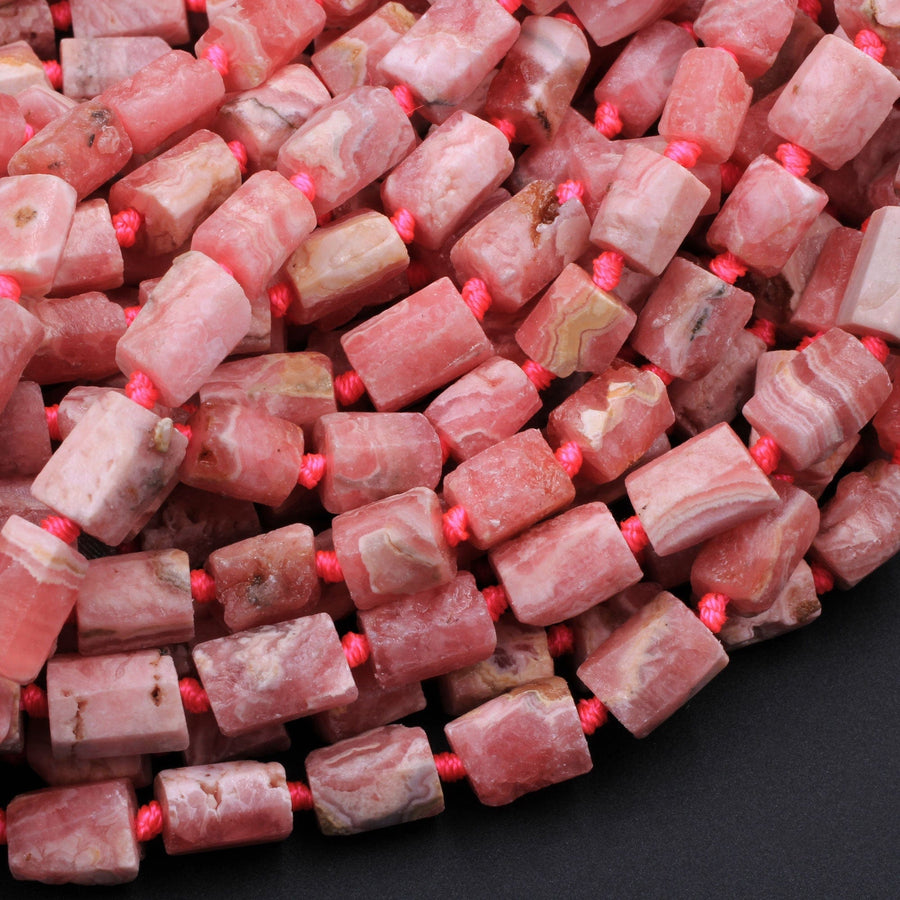 Natural Red Pink Rhodochrosite Beads Faceted Tube Cylinder 16" Strand