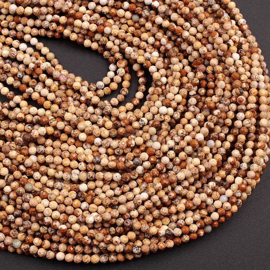 Micro Faceted Natural Desert Picture Jasper Round Beads 2mm 3mm 15.5" Strand
