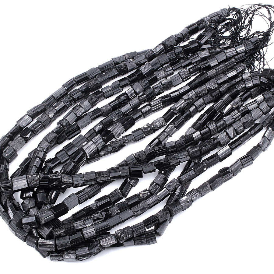 Drilled Raw Natural Black Tourmaline Beads Tube Nugget Real Genuine Black Tourmaline Crystal Shaped Gemstones 17" Strand