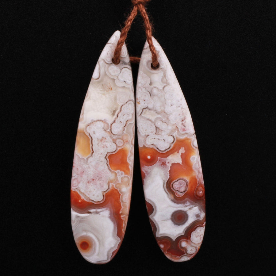 Drilled Laguna Lace Agate Long Slender Teardrop Earring Matched Gemstone Cabochon Bead Pair