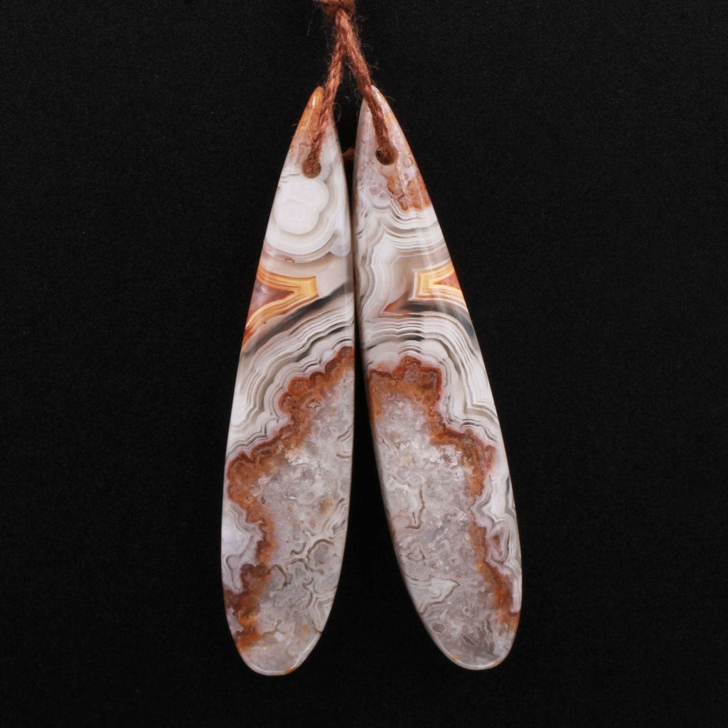 Drilled Laguna Lace Agate Long Slender Teardrop Earring Matched Gemstone Cabochon Bead Pair