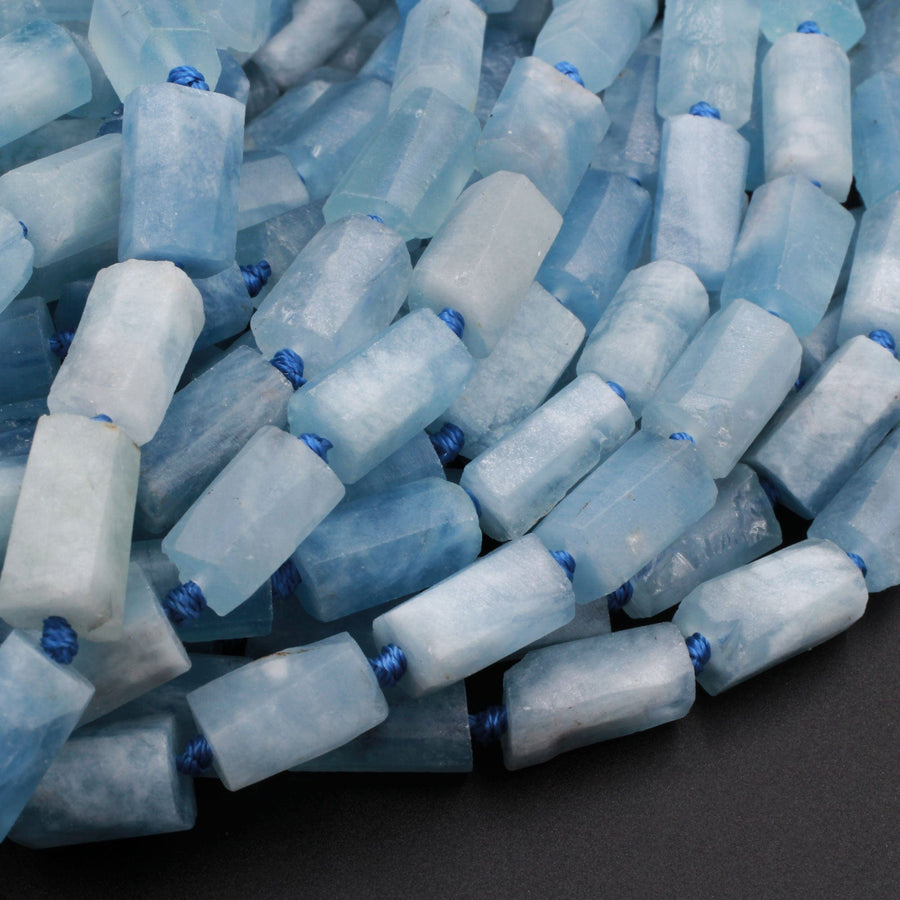 Matte Natural Blue Aquamarine Faceted Tube Beads Cylinder Barrel Gemstone 16" Strand