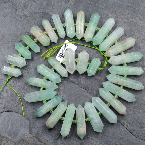 Natural Green Prehnite Beads Double Terminated Crystal Long Faceted Focal Point Beads 16" Strand