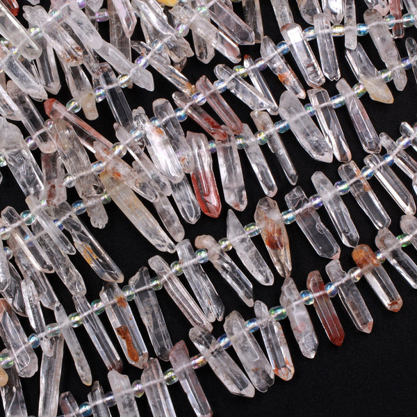 Natural Red Hematoid Phantom Rock Crystal Quartz Beads Point Top Drilled Natural Quartz Crystal Thin Small Sticks Spikes Freeform 16" Strand