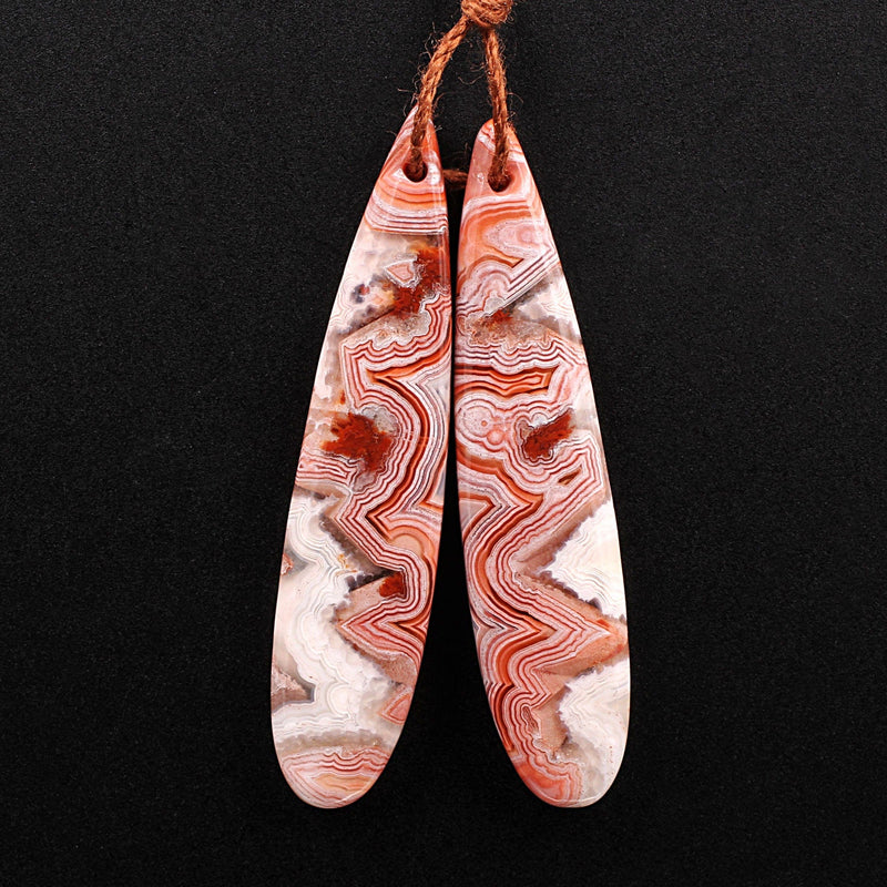 Drilled Laguna Lace Agate Long Slender Teardrop Earring Matched Gemstone Cabochon Pink Red Bead Pair
