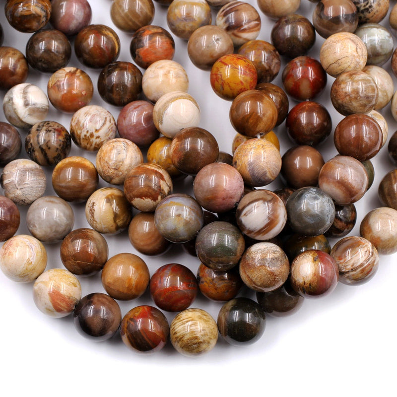 Large 14mm Petrified Wood Round Beads Rich Earthy Brown Yellow Red Tan Colors 16" Strand
