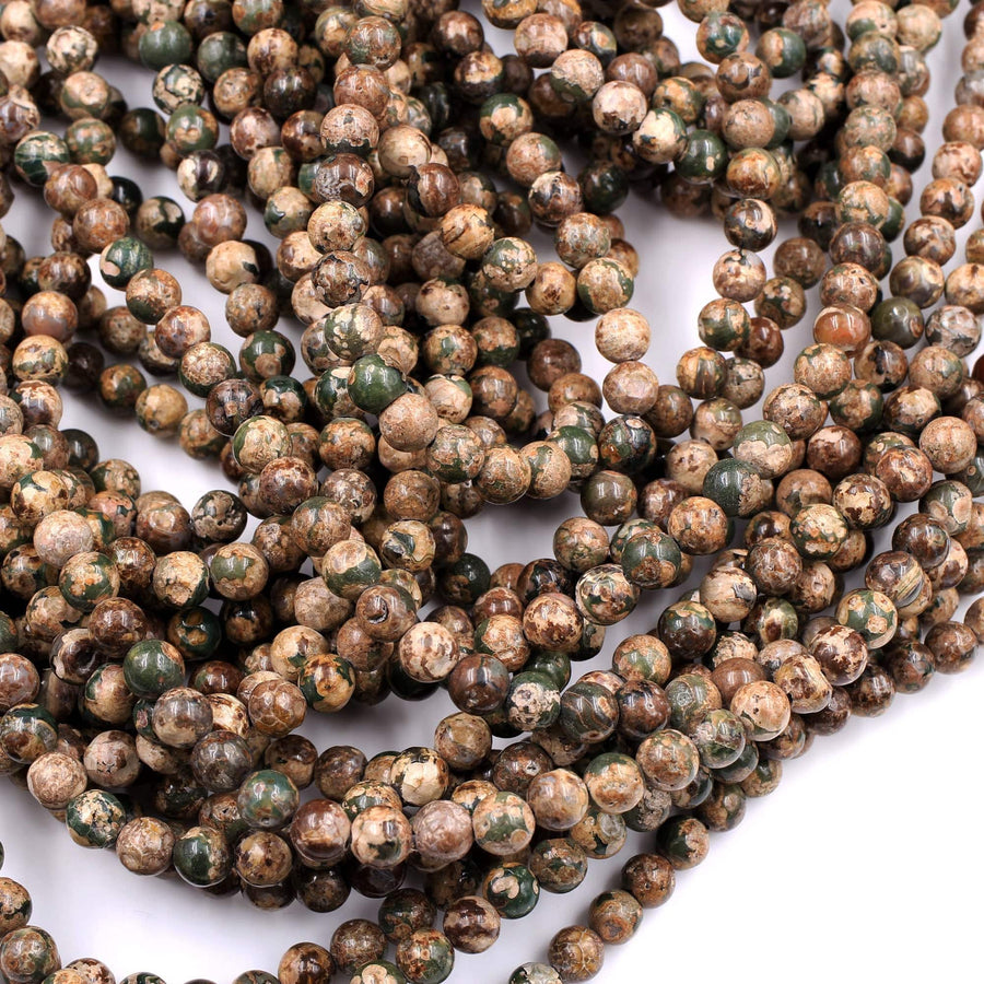 Natural Camouflage Rhyolite Beads 6mm Round Brown Green Tan 16" Strand