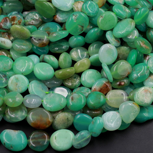 Natural Green Chrysoprase Freeform 12mm Circle Flat Pebble Nuggets Beads 16" Strand