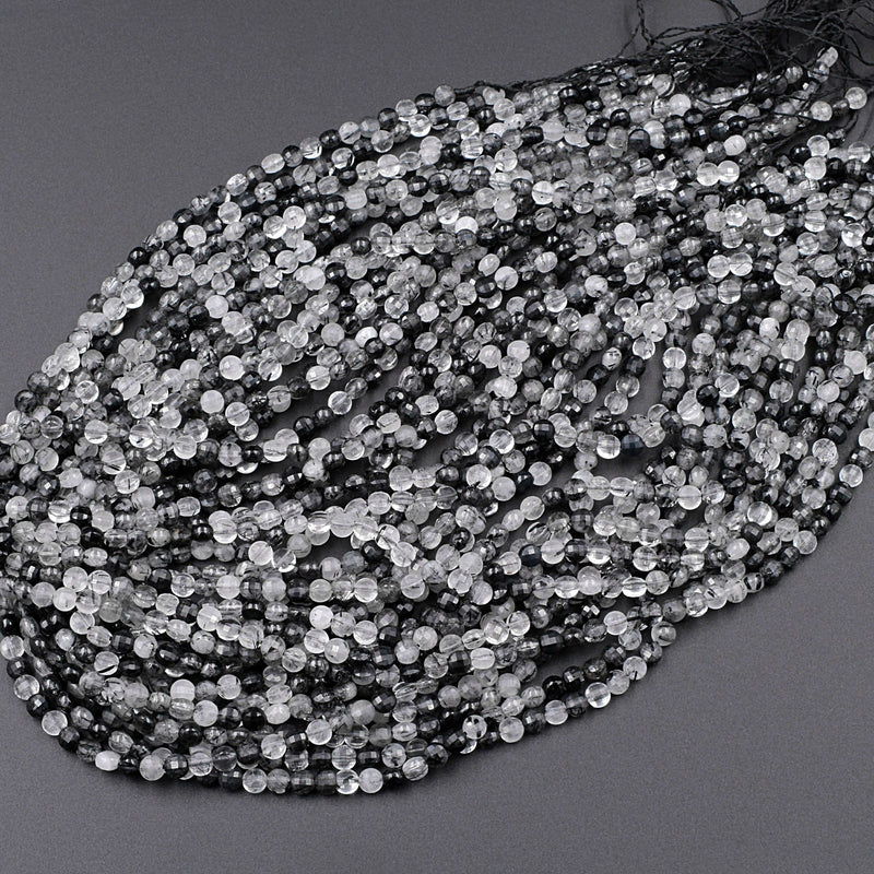Faceted Black Rutilated Quartz Coin 4mm Beads Black Tourmaline Rutile Quartz Semi Precious Gemstone 15.5" Strand