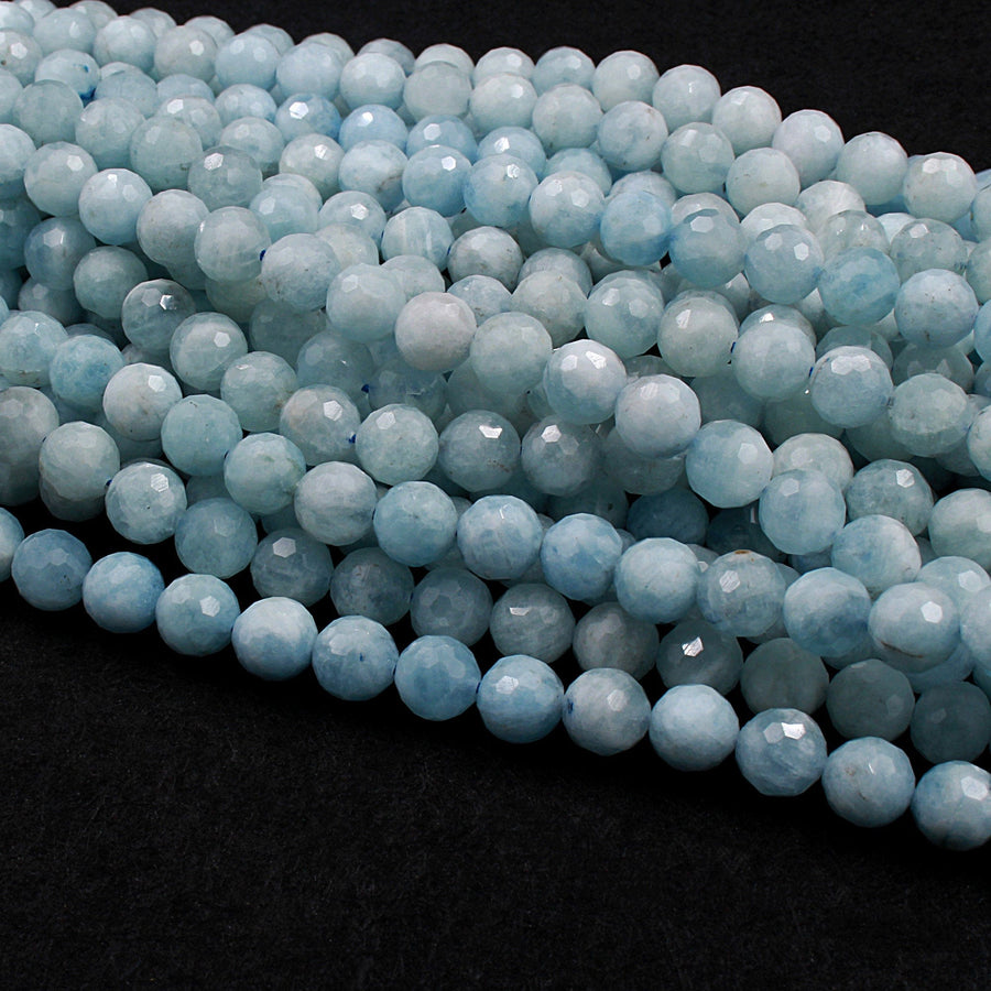 Micro Faceted Natural Soft Blue Aquamarine 8mm Faceted Round Beads Laser Diamond Cut Gemstone 16" Strand