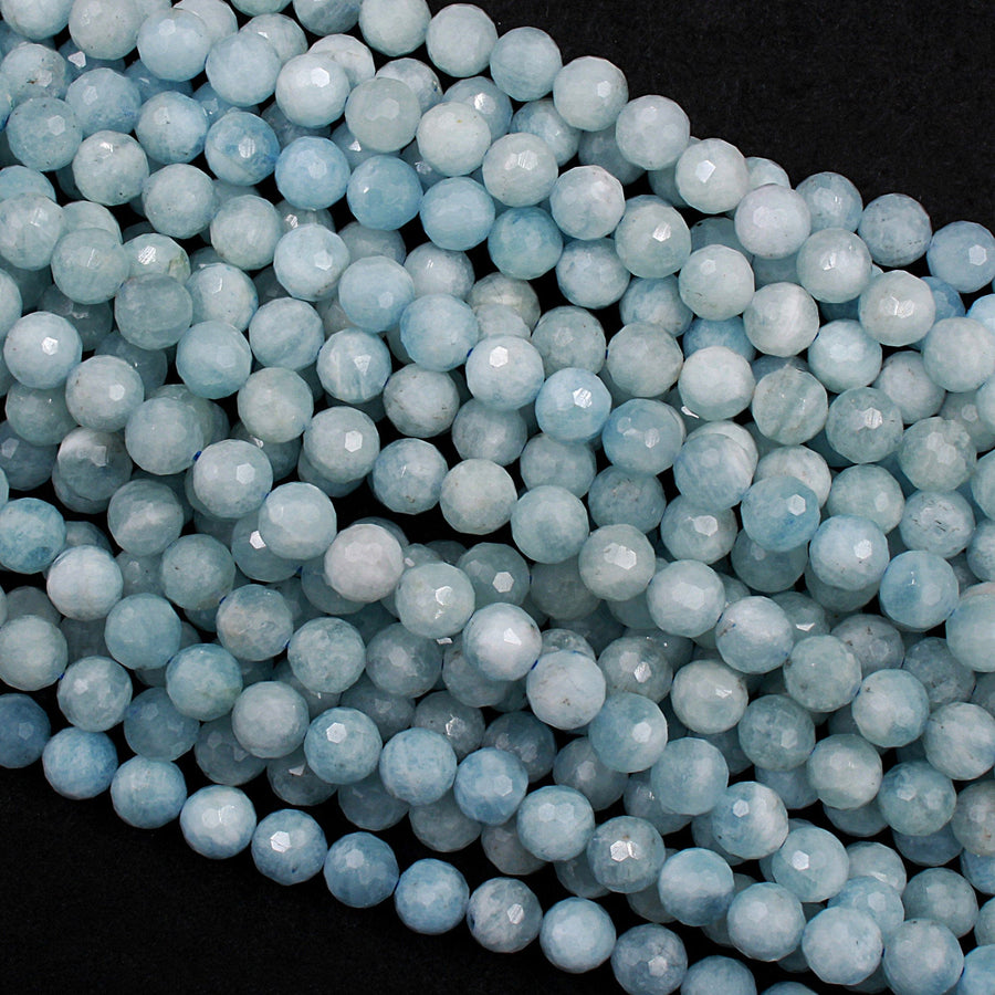 Micro Faceted Natural Soft Blue Aquamarine 8mm Faceted Round Beads Laser Diamond Cut Gemstone 16" Strand