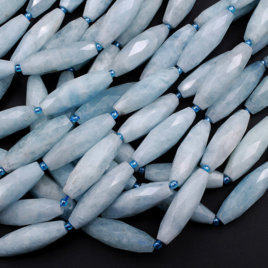 Faceted Marquise Shape Natural Blue Aquamarine Long Cylinder Tube Beads 16" Strand