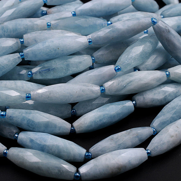 Faceted Marquise Shape Natural Blue Aquamarine Long Cylinder Tube Beads 16" Strand
