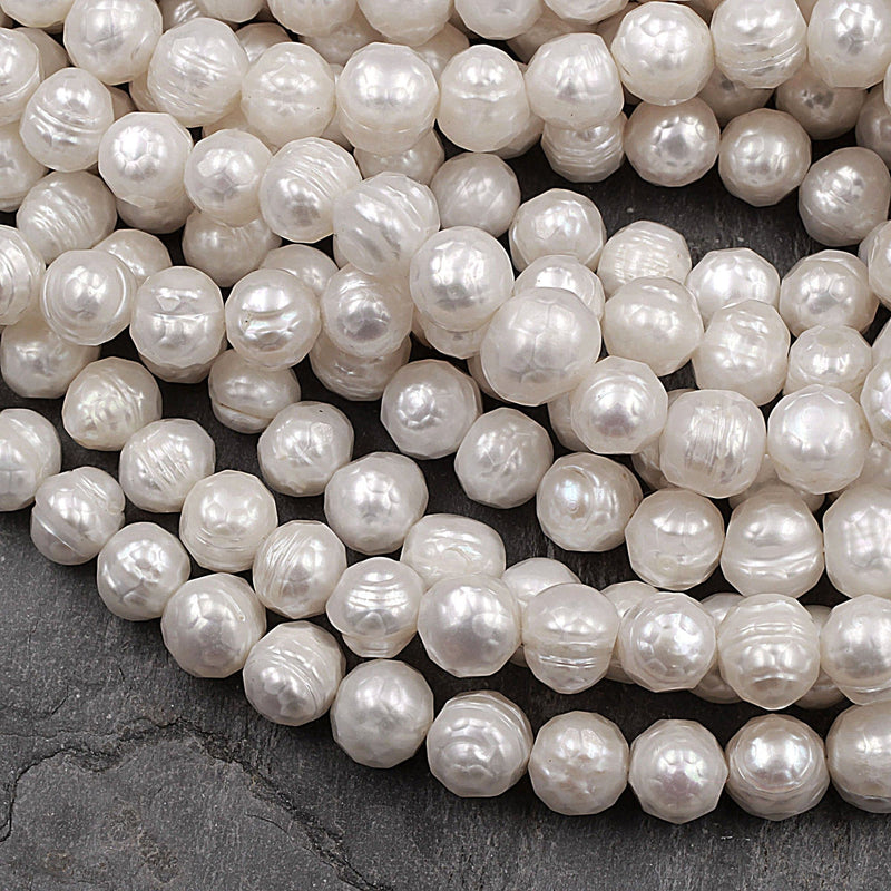 Faceted Genuine Freshwater White Pearl 8mm 10mm 12mm Off Round 16" Strand