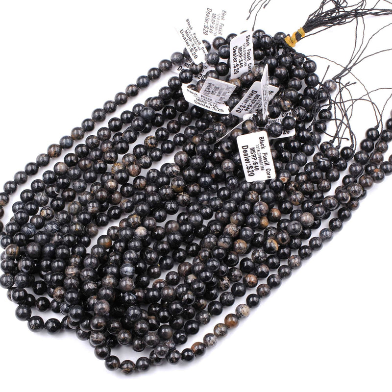 Black Fossil Coral Beads 7mm 8mm 9mm 10mm Round Beads 16" Strand